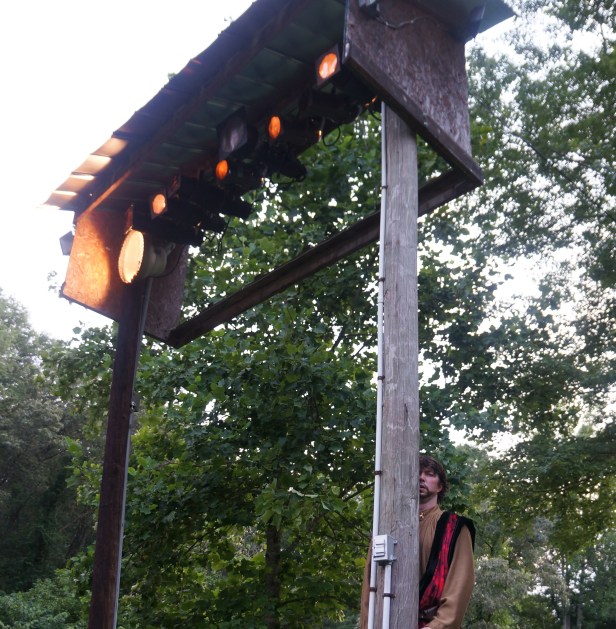 One of the actors interacting with the audience in Much Ado About Nothing, a play under the stars in an open outdoor theatre in Asheville, North Carolina. One of the actors interacting with the audience in Much Ado About Nothing, a play under the stars in an open outdoor theatre in Asheville, North Carolina.