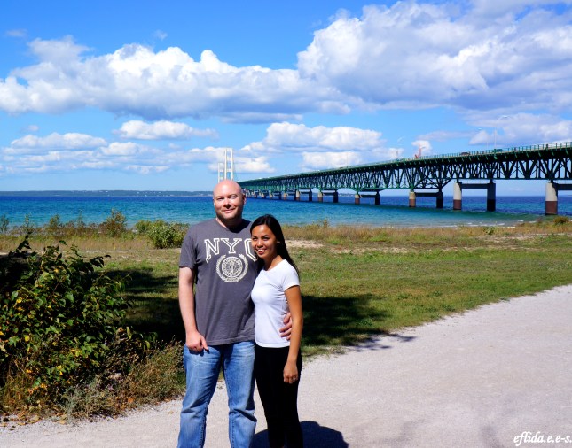 Hubby and I with Lake Michigan and Mackinac Bridge at the background