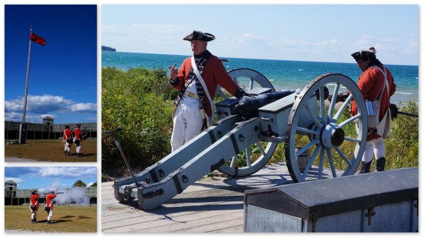 With actors playing as British soldiers at Fort Michilimackinac, Michigan.