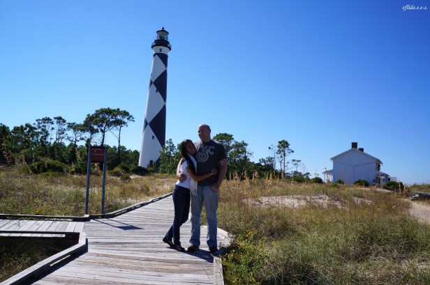 Hubby and I with the Cape Lookout Lighthouse as our background in the Southern Outer Banks, North Carolina.