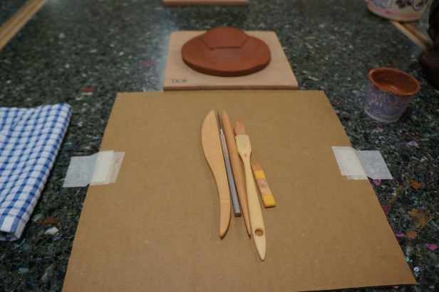 The clay and the tools set ready before the Shisa Mask Making class with the Japanese guru Mr.Jorge and other spouses in Okinawa, Japan.