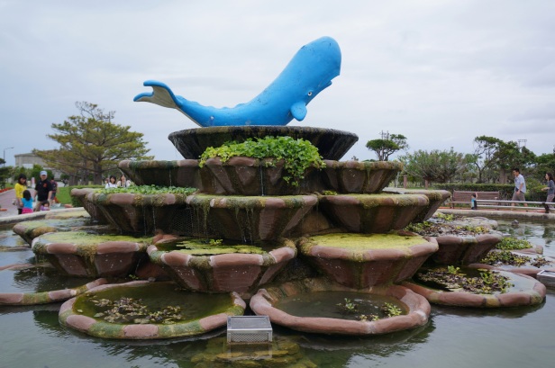 A fountain with a whale on top at Okinawa Convention Center, a reflection of the remarkable whale watching industry in the island.