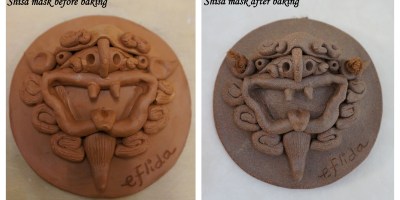 My first self-crafted shisa mask before and after it was baked.