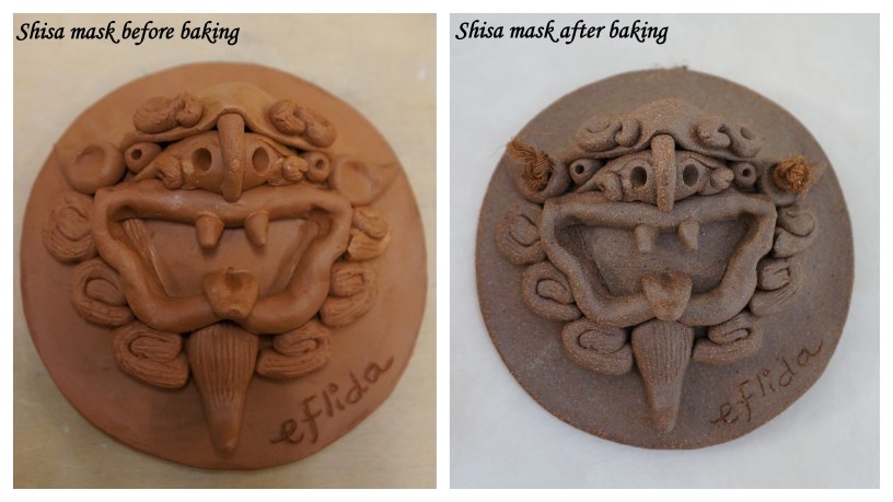 My first self-crafted shisa mask before and after it was baked.