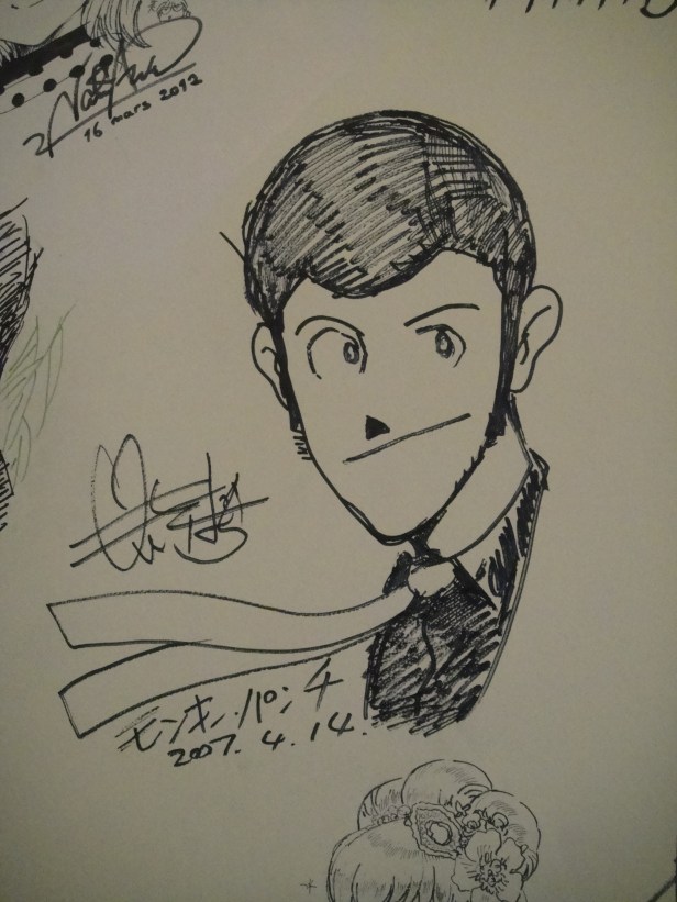 An autographed Lupin III illustration by its creator Monkey Punch at Kyoto International Manga Museum.