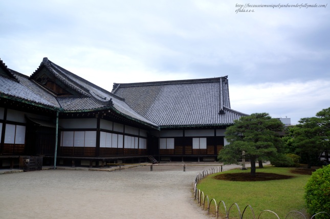 The side view of Ninomaru at Nijo Castle in Kyoto, Japan showing the buildings connecting each other.