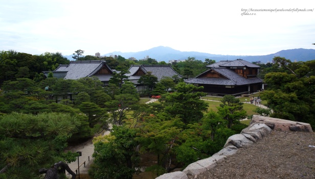 Breathtaking view of the Honmaru Palace and the gardens in Kyoto, Japan from uphill.