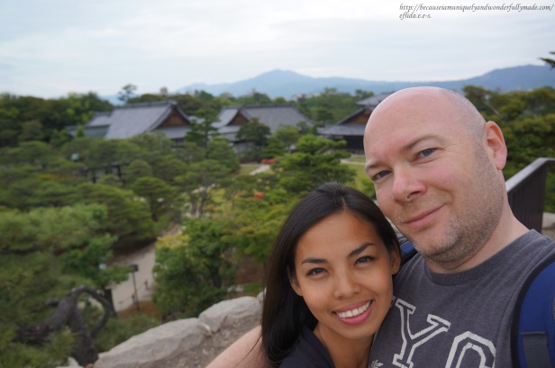 Hubby and I on top of the hill overlooking Honmaru Palace and its garden at Nijo Castle in Kyoto, Japan.