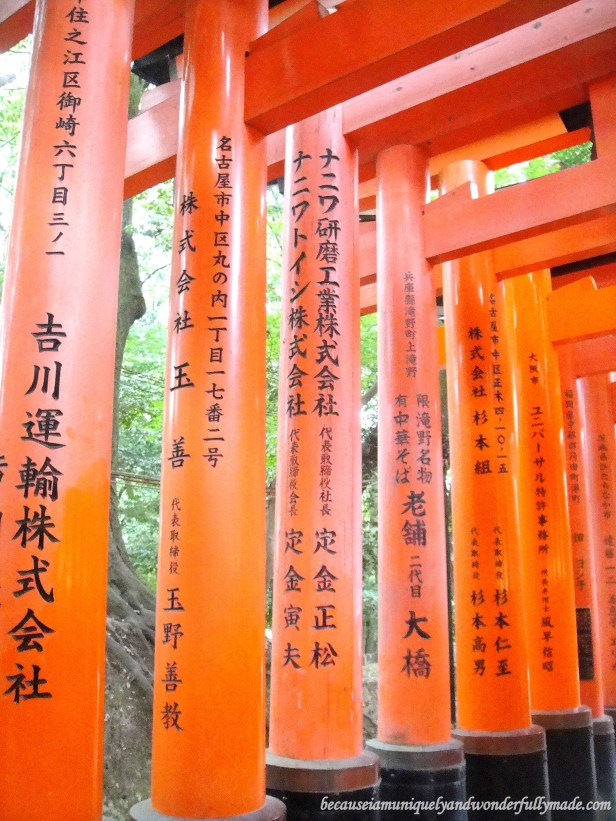 A closer view of the names of the donor and the date of the donation that are inscribed on the back of each gate in one of the Senbon Torii 千本鳥居 in Kyoto, Japan. Senbon Torii means “thousands of torii gates".