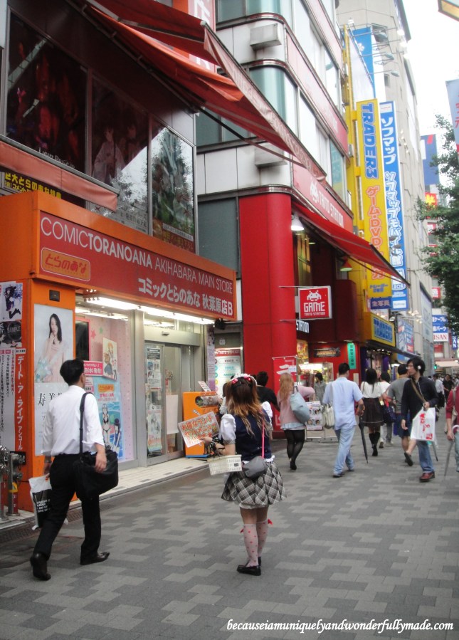 One of the maids inviting passersby to visit their maid cafe メイド喫茶 / メイドカフェ by handing out leaflets on the streets of Akihabara District 秋葉原 in Tokyo, Japan. One of the maids inviting passersby to visit their maid cafe メイド喫茶 / メイドカフェ by handing out leaflets on the streets of Akihabara District 秋葉原 in Tokyo, Japan.