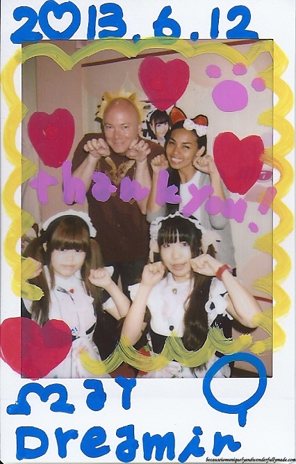 One of the two hand-decorated photographs as our souvenir from Maidreamin Cafe メイドカフェ めいどりーみんon our first maid cafe メイド喫茶 / メイドカフェ experience in Akihabara District in Tokyo, Japan. One of the two hand-decorated photographs as our souvenir from Maidreamin Cafe メイドカフェ めいどりーみんon our first maid cafe メイド喫茶 / メイドカフェ experience in Akihabara District in Tokyo, Japan.