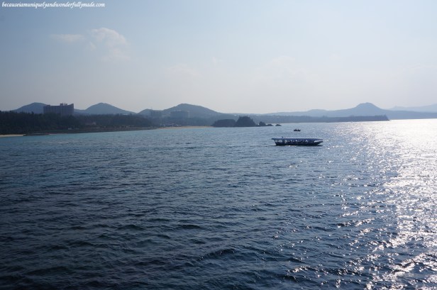 View looking out from the Underwater Observatory Tower in Busena Marine Park ブセナ海中公園 in Nago City, Okinawa, Japan. Whale-shaped glass bottom boat is seen in this photo.