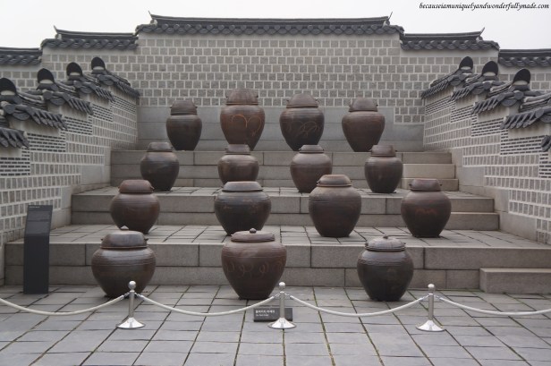 Fermented soy paste in clay pots at Gyeongbokgung Palace 경복궁 in Seoul, South Korea.