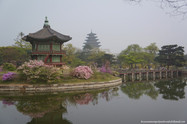 Hyangwonjeong 향원정 or the Hyangwonjeong Pavilion built on an artificial island on a lake named Hyangwonji 향원지 at Gyeongbokgung Palace 경복궁 in Seoul, South Korea.  Hyangwonjeong translates as "Pavilion of Far-Reaching Fragrance".