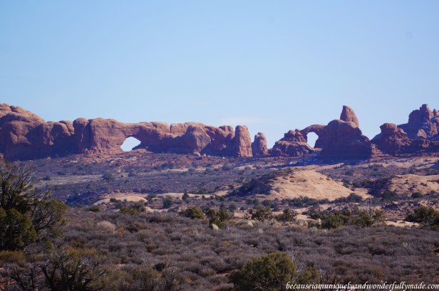 The North Window (left) and the South Window (right) at Arches National Park in Utah, USA.