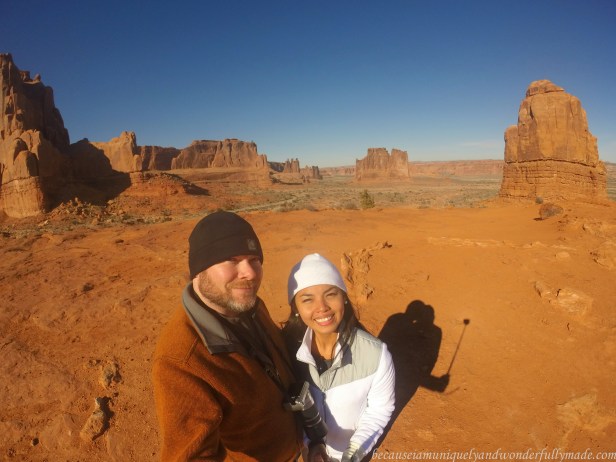 View of the Courthouse Towers from The La Sal Mountains Viewpoint at Arches National Park in Utah. 