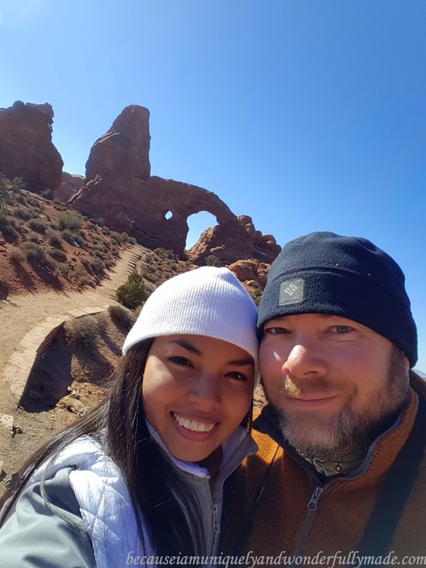 The Turret Arch in our background at Arches National Park in Utah, USA.