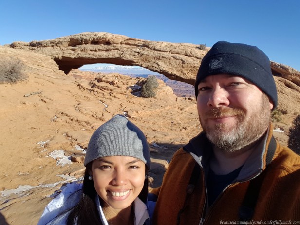 Finally, the famous Mesa Arch in Canyonlands National Park with the snow-capped La Sal Mountains in the background in Moab, Utah.