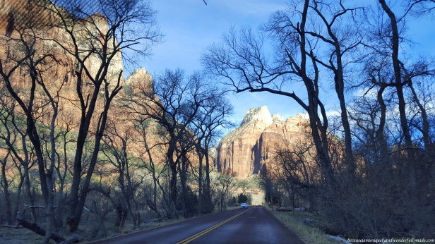 Driving towards the Court of Patriarchs in Utah.