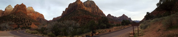 Panoramic view of Canyon Junction in Zion National Park in Springdale, Utah during sunset.