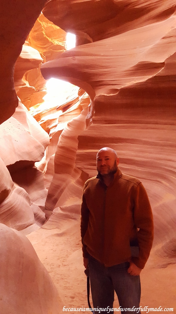 The face of an eagle behind my husband at Lower Antelope Canyon in Page, Arizona.