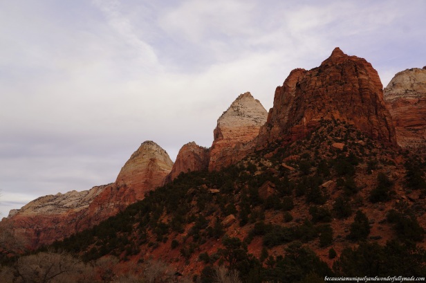 The other side of Zion Canyon as viewed from the Canyon Junction Bridge in Zion National Park in Springdale, Utah.