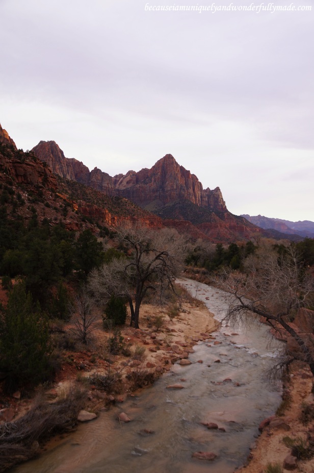 Another view of the Virgin River and the Watchman from the Canyon Junction Bridge at Zion National Park in Springdale, Utah.