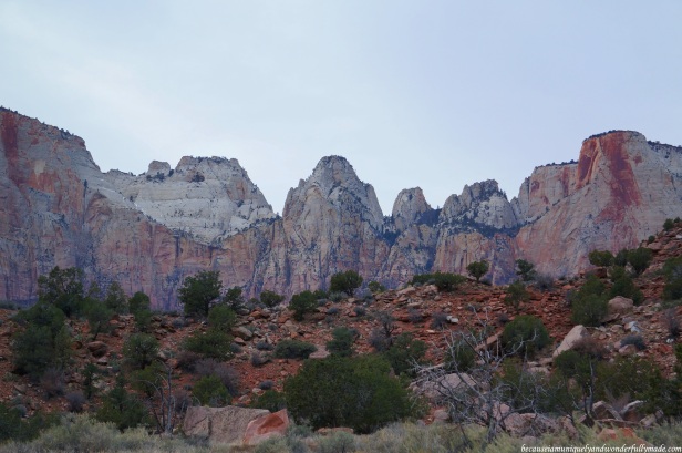 Sandstone cliffs as viewed from the Canyon Junction Bridge in Zion National Park in Springdale, Utah.