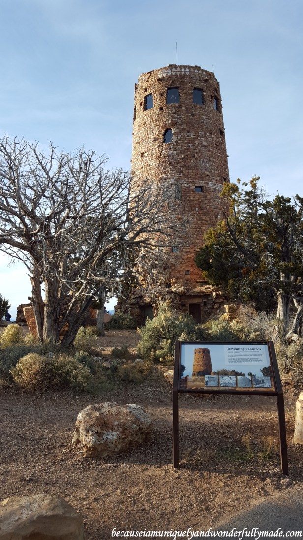 The Desert View Watchtower of the Grand Canyon, also known as the Indian Watchtower at Desert View, is a 70-foot-high stone building located on the South Rim of the Grand Canyon within Grand Canyon National Park in Arizona, United States. The tower serves as a visitor center, bookstore, the trading post and snack bar, the general store, a service station, restrooms, and seasonal campground (open April 16 through mid-October). 