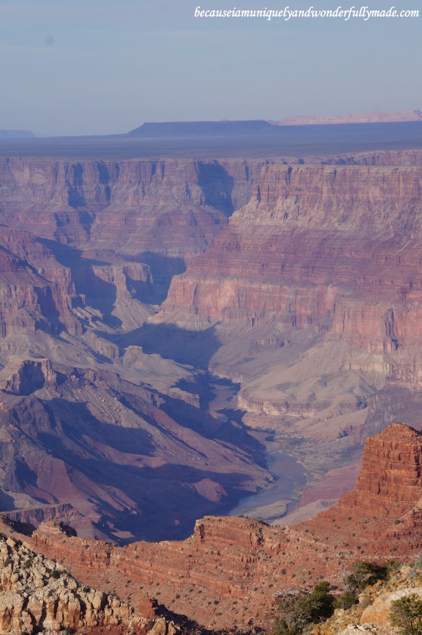 Looking out to the painted desert of Grand Canyon in Arizona. The Colorado River bend is visible from the Desert View point.
