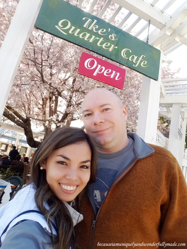 Brunch at Ike's Quarter Cafe in Nevada City under a cherry blossom in April.