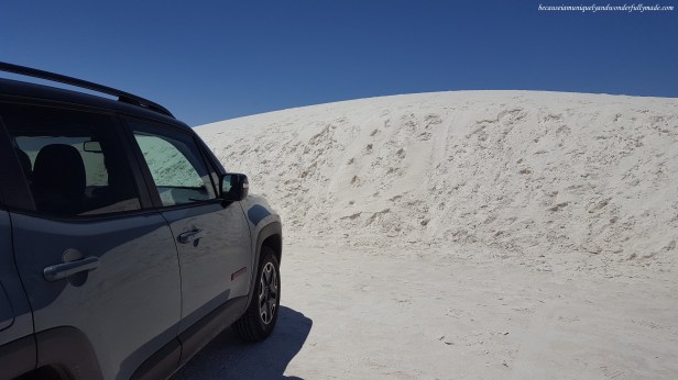 Dunes range in heights. In this photo, the dune where we parked at was over the height of our car. The highest dunes at White Sands National Monument are approximately 60 ft (18 m) high.