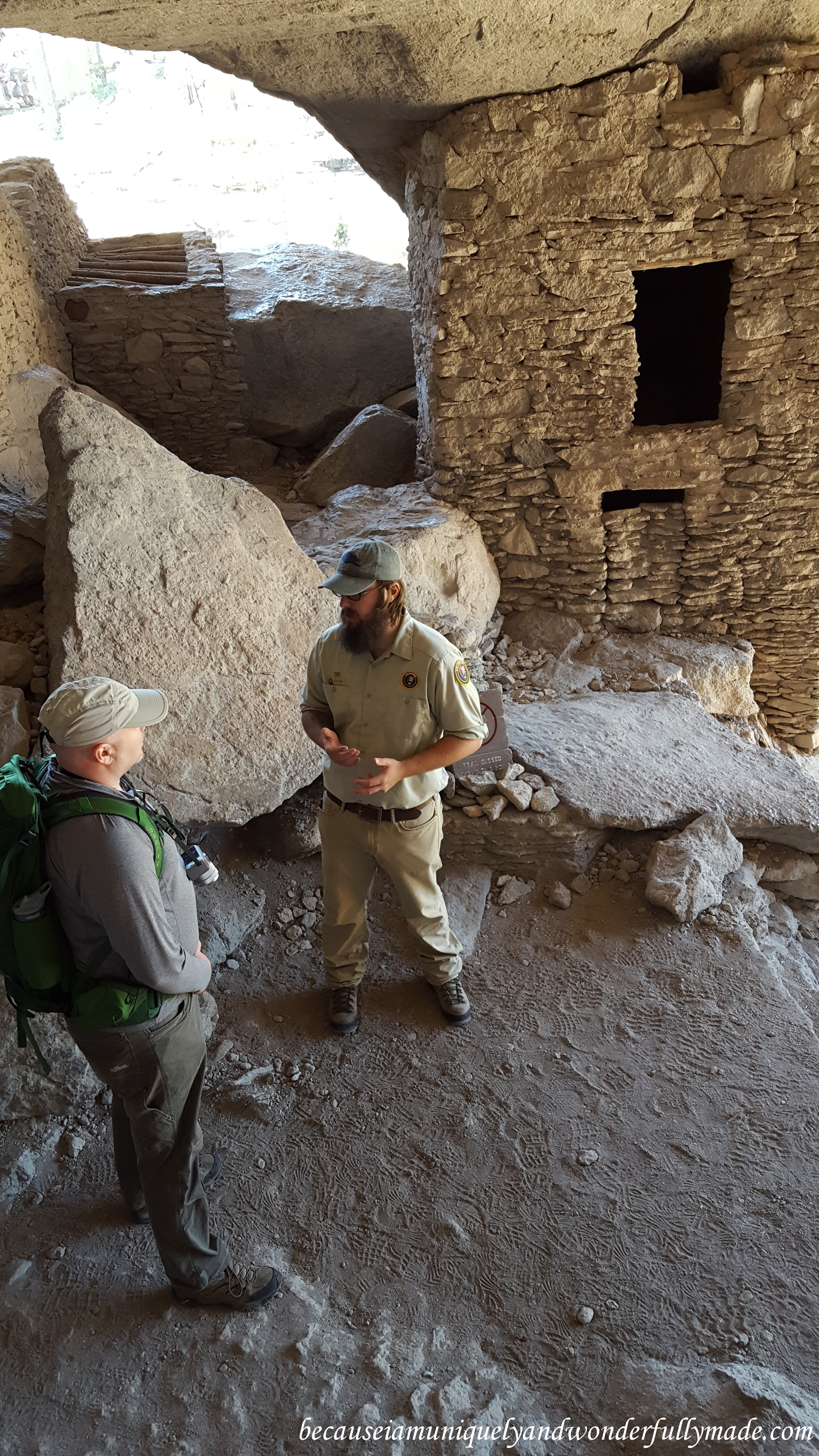 Enjoying a deep conversation with our park ranger at Gila Cliff Dwellings National Monument.