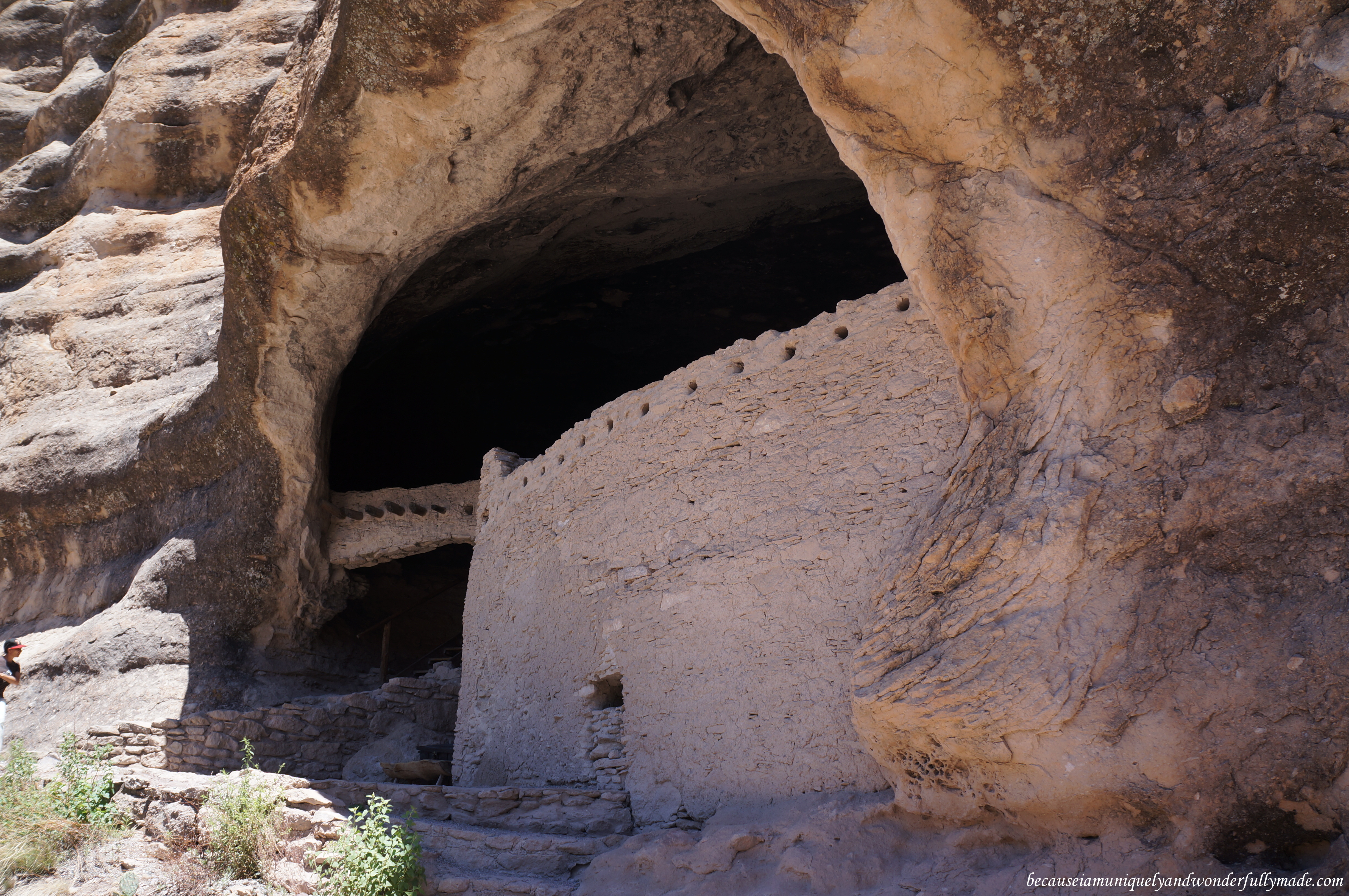 In addition to the natural protection provided by a cliff, the absence of doors and windows to the rooms on the ground floor of Gila Cliff Dwellings left a solid outer stone wall that could be surmounted only by climbing a ladder. Ladders could easily be removed if being attacked.