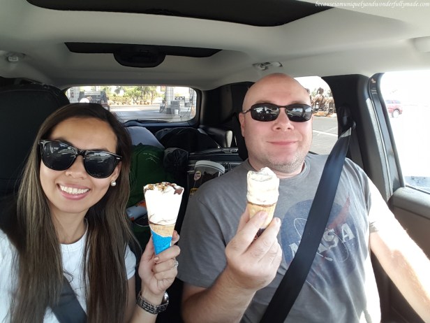 Cooling off with cones of ice cream at one of our stops during our drive from Saguaro National Park in Tucson, Arizona to Joshua Tree National Park in California.