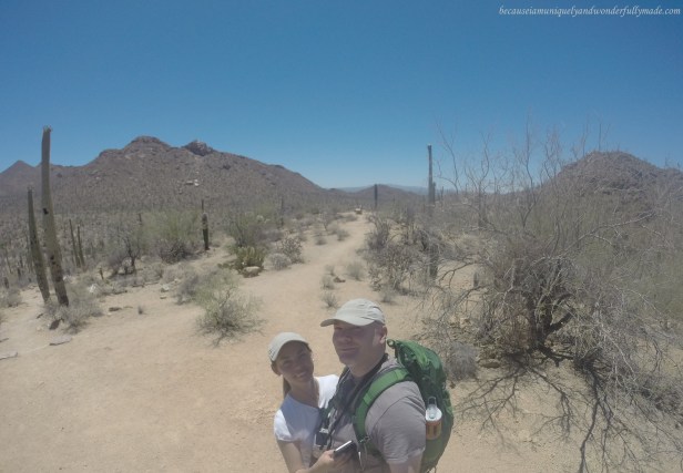 Hiking the Valley View Overlook trail in Saguaro National Park in Tucson, Arizona.